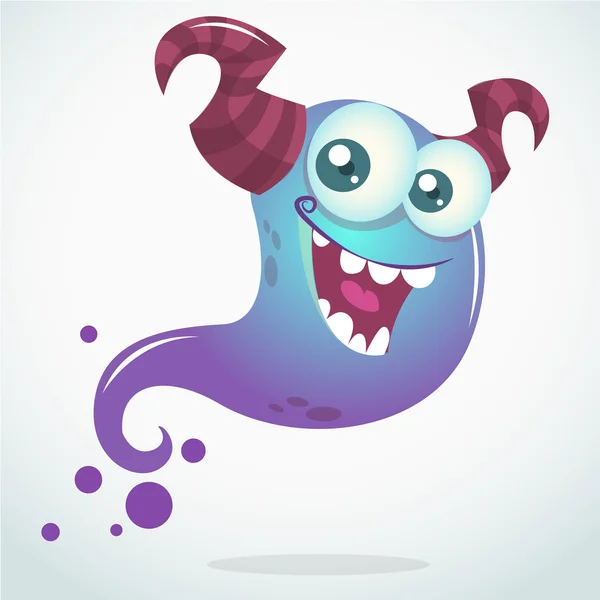 Feliz fantasma azul de dibujos animados con dos cuernos y ojos grandes. Vector personaje de Halloween — Vector de stock