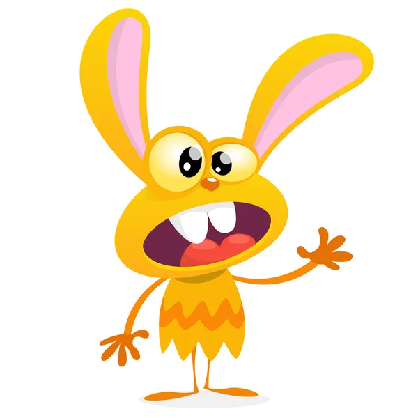 Cute yellow monster rabbit. Halloween vector bunny monster with big ears waving. Isolated on white — Stock Vector