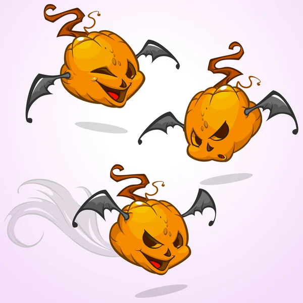 Conjunto de cabezas de calabaza vector de dibujos animados con alas de murciélago. Vector Halloween ilustración aislado — Archivo Imágenes Vectoriales