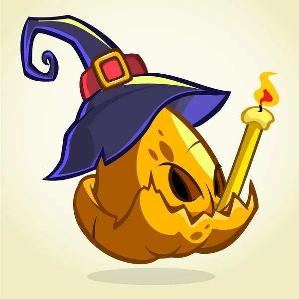 Jack-O-Lanterna. Abóbora de Halloween em chapéu de bruxa azul segurando vela. Ilustração vetorial isolada — Vetor de Stock