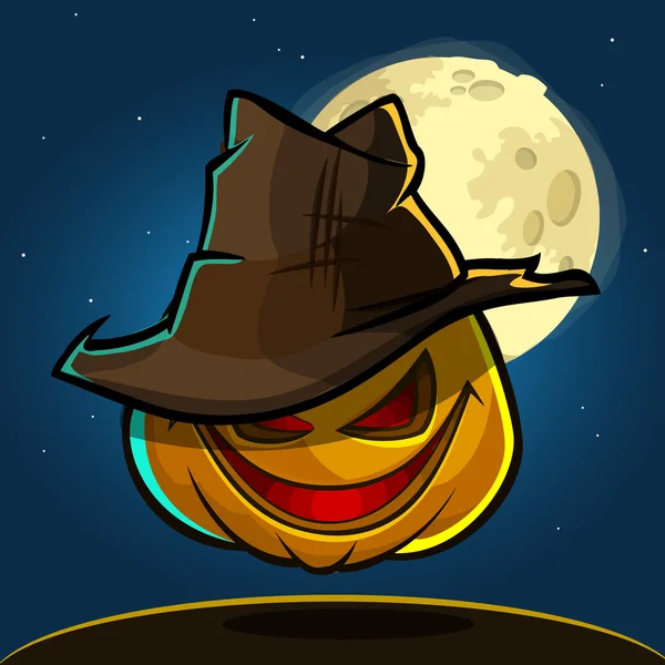 Eine Vektorillustration des Cartoon-Halloween-Kürbisses mit Hut isoliert auf dunklem Nachthintergrund mit einem großen Vollmond dahinter — Stockvektor
