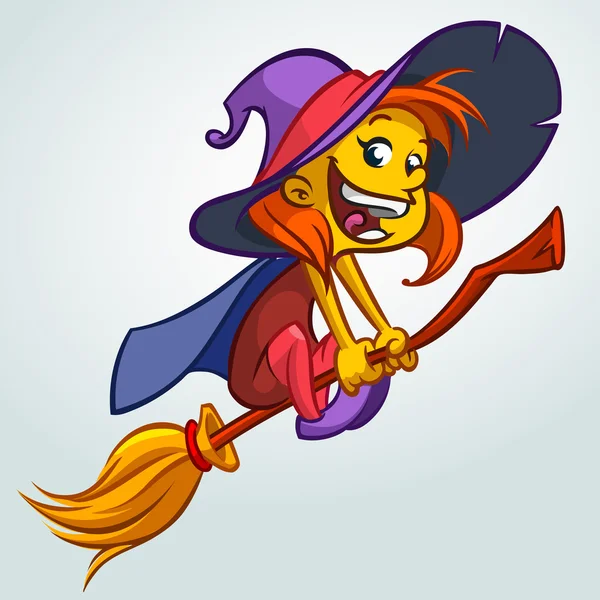 Bruxa gira voando em uma vassoura. Vector Halloween ilustração com uma menina bonita em traje de bruxa voando ob uma vassoura —  Vetores de Stock
