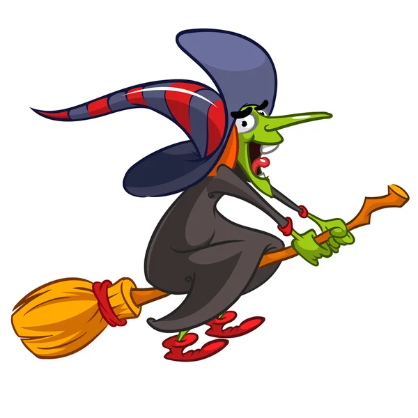 Bruxa dos desenhos animados a voar numa vassoura. Ilustração de Halloween vetorial com uma bruxa engraçada isolada no branco — Vetor de Stock