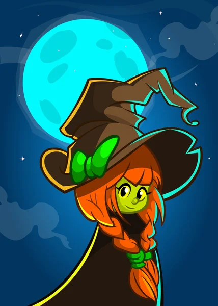 Zeichentrickhexe mit großem Hut. Vektorhalloween-Illustration einer niedlichen Hexe auf nächtlichem Hintergrund mit Vollmond — Stockvektor