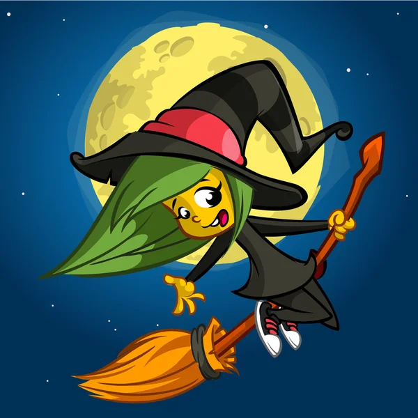 Uma ilustração vetorial de menina dos desenhos animados vestida com um traje de bruxa para o Halloween e montando uma vassoura — Vetor de Stock