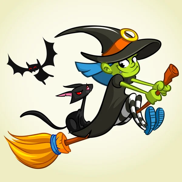 A vector illustration of cartoon girl dressed in a witch costume for Halloween and riding a broomstick — Stock Vector