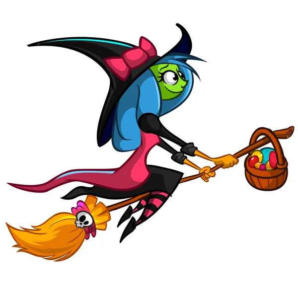 Bruja linda de Halloween volando en su escoba. Dibujos animados vectoriales ilustración — Archivo Imágenes Vectoriales