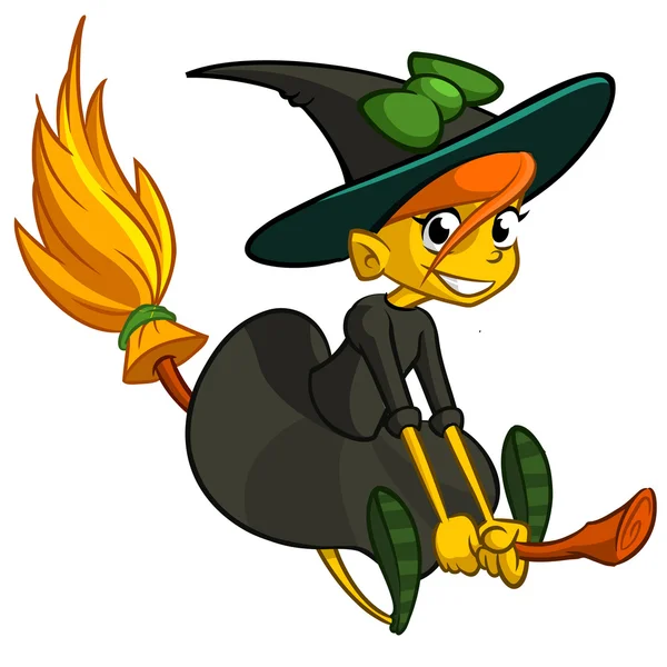 Halloween cute witch flying on her broom. Vector cartoon sticker — Stock Vector