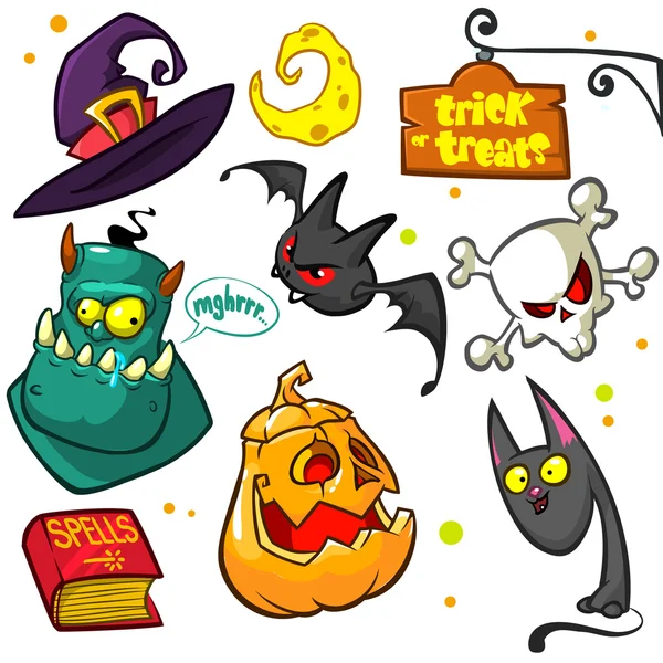 Halloween-Kürbis und Attribute. Hexenkatze, Hexenhut, Mond, Monster, Kürbiskopf, Zauberbuch, Totenkopf und Fledermaus — Stockvektor