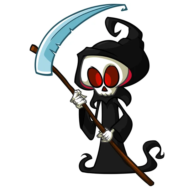 Personaje de dibujos animados Grim Reaper con guadaña aislada sobre un fondo blanco. Lindo personaje de la muerte en capucha negra — Vector de stock