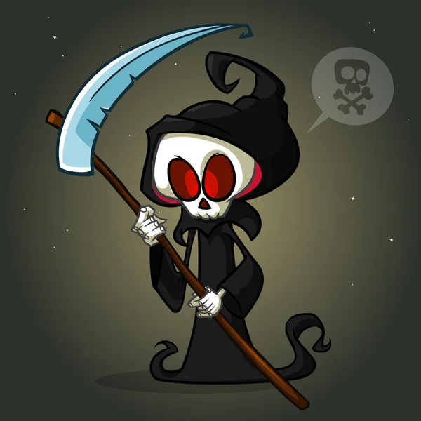 Personaje de dibujos animados Grim Reaper con guadaña aislada sobre un fondo blanco. Lindo personaje de la muerte en capucha negra — Archivo Imágenes Vectoriales