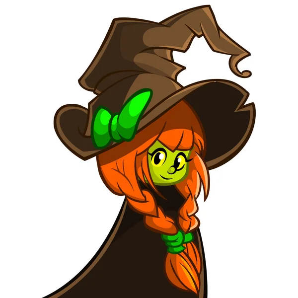 Ilustración vectorial de una linda bruja con sombrero grande. Personaje de dibujos animados Halloween — Archivo Imágenes Vectoriales