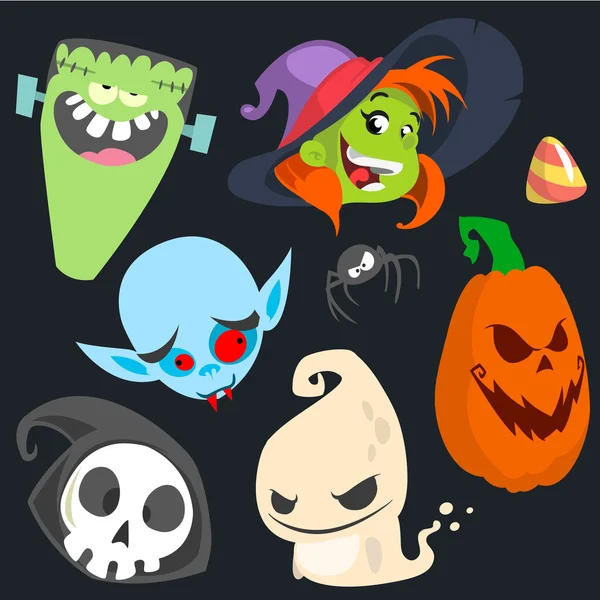 Lindo conjunto de iconos de personajes de Halloween de dibujos animados. Monstruo, bruja, vampiro, cabeza de calabaza, muerte y lindo fantasma — Vector de stock