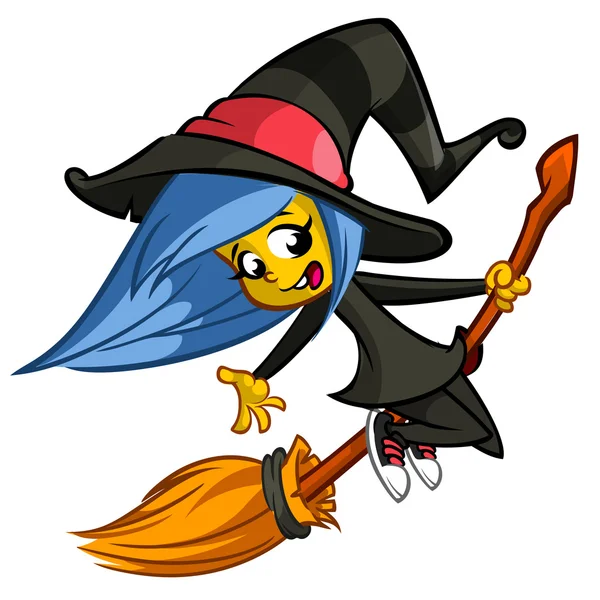 Halloween aranyos boszorkány repül a seprű. Vektor rajzfilm illusztráció — Stock Vector