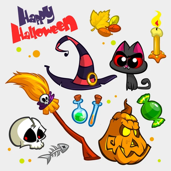 Vektorkészlet Halloween sütőtök és attribútumok ikonok. Witch Cat, sütőtök fej, koponya, boszorkány kalap, méreg palack, seprűnyél, nagy édesség, gyertya és hal csontváz. — Stock Vector