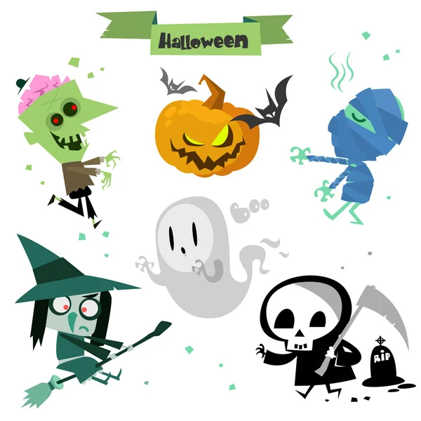 Lindo conjunto de iconos de personajes de Halloween de dibujos animados. Zombie, cabeza de calabaza, momia, bruja, fantasma y muerte Gream Reaper. Ilustración vectorial — Archivo Imágenes Vectoriales