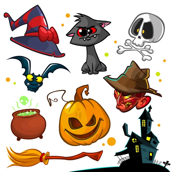 Vektor-Set von Halloween-Kürbis und Attribute-Symbole. Hexenkatze, Kürbiskopf, Totenkopf, Hexenhut, Gifttopf, Besenstiel und Geisterhaus — Stockvektor