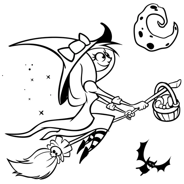 Vector divertido Halloweenwitch volando en su escoba. Esquema negro sobre fondo blanco aislado — Archivo Imágenes Vectoriales