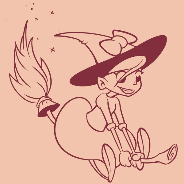 Halloween heks vliegen op haar bezem contouren. Zwarte silhouet van cartoon heks. Kleurboek — Stockvector
