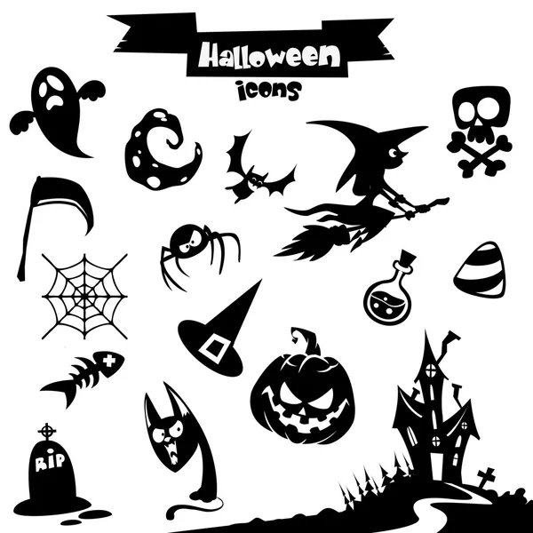 Vektor gyűjteménye Halloween elemeket. Sütőtök fej, boszorkány, koponya, Grim Reaper, kísértetjárta ház, macska, szellem, Hold, pók, méreg, pot, seprűnyél, cukorka, Kasza, web, denevér, sírkő ikonok. — Stock Vector
