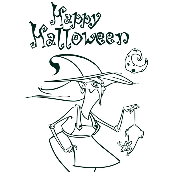 Sorcière d'Halloween en chapeau tenant un rat dans ses contours de main. Illustration vectorielle de la silhouette de sorcière. Livre à colorier — Image vectorielle