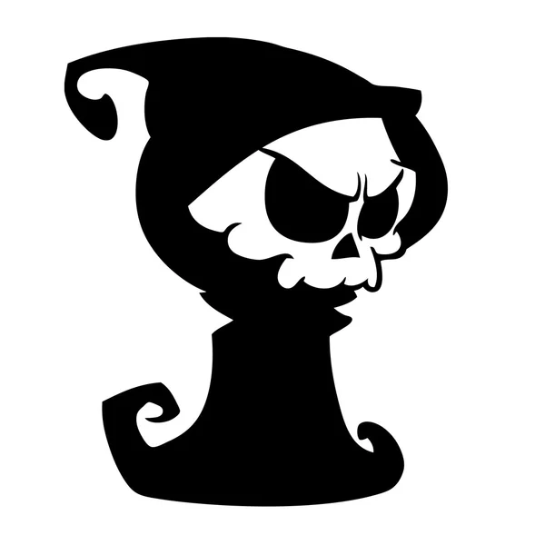 Cartoon Grim Reaper met zeis geïsoleerd op een witte achtergrond. Halloween schattig dood karakter in zwarte kap omtrek. Vector silhouet — Stockvector