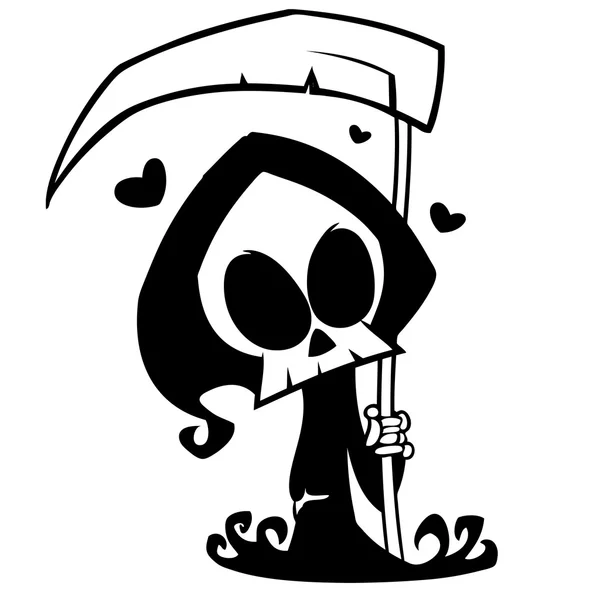 Cartoon Grim Reaper met zeis geïsoleerd op een witte achtergrond. Halloween schattig dood karakter in zwarte kap omtrek. Vector silhouet — Stockvector