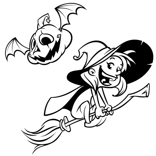 Halloween witch flying on her broom outlines. Black silhouette of cartoon witch. Coloring book — Stock Vector