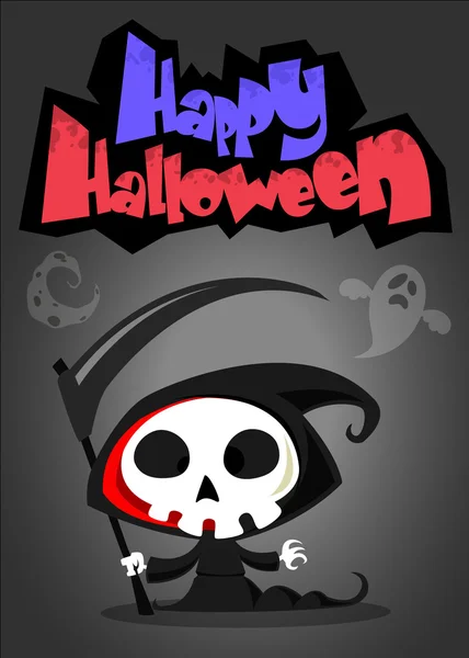 Affiche vectorielle Halloween avec mignon faucheur avec faux. Squelette personnage de la mort dans le capot noir isolé sur fond sombre — Image vectorielle