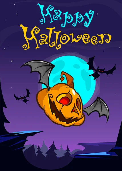 Eine Vektor-Postkartenillustration von cartoon halloween fliegendem Kürbis isoliert auf dunklem Nachthintergrund mit einem großen Vollmond dahinter — Stockvektor