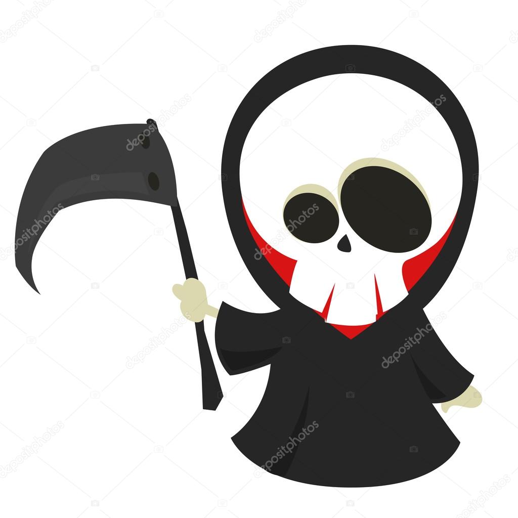 Grim reaper fofo jogo com ilustração dos desenhos animados de foice.  conceito de ícone para jogos de halloween