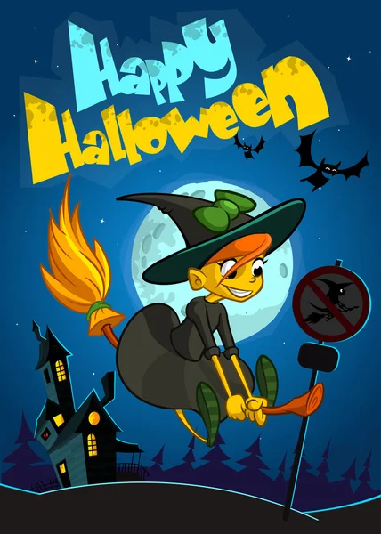 Halloween Party banner met schattige heks vliegen op haar bezem. Vector illustratie — Stockvector