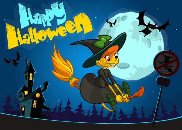 Linda bruja volando en su escoba. Vector banner de Halloween — Vector de stock