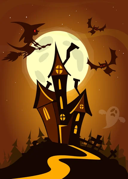 Strašidelný dům na nočním pozadí s úplněk za-vektorový Halloween pozadí — Stockový vektor