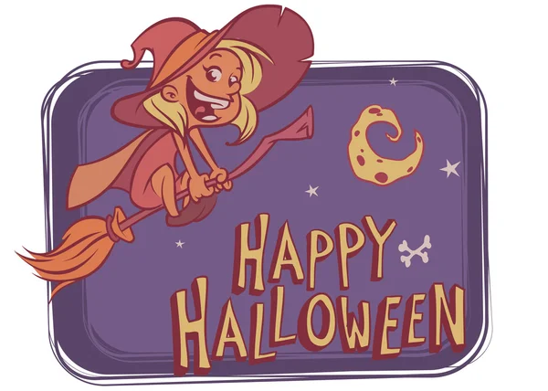 Hexe fliegt auf ihrem Besen vor buckligem Hintergrund mit lustigem Mond. Vektorillustration für Halloween-Plakate oder Party-Einladungen — Stockvektor