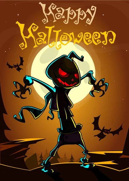 Espantapájaros cabeza de calabaza de Halloween, tarjeta postal vectorial para vacaciones de Halloween — Vector de stock