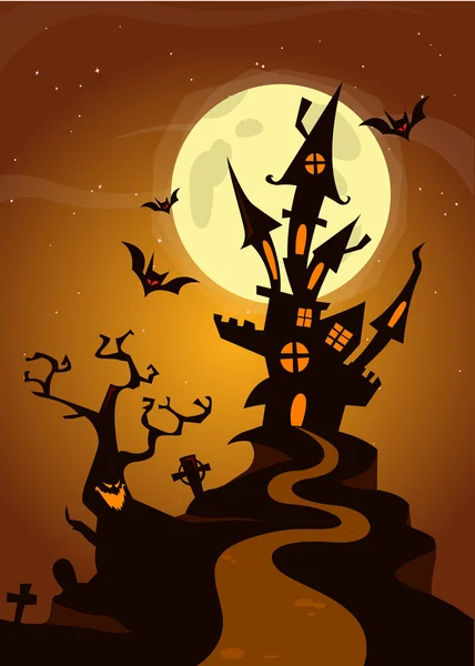 Halloween menghantui rumah pada latar belakang malam dengan bulan purnama di belakangnya - Vector illustration - Stok Vektor