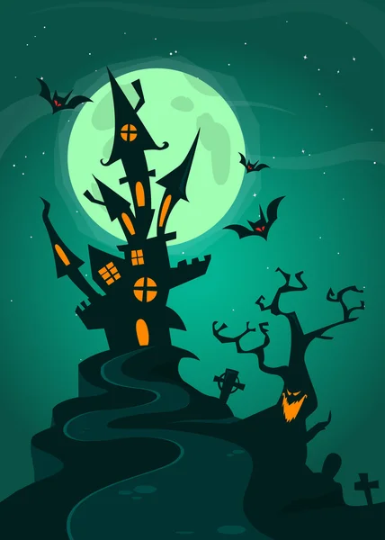 Strašidelný dům na nočním pozadí s úplňkem za sebou. Vektorové Halloweenské pozadí. — Stockový vektor