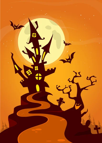 Spookhuis op nacht achtergrond met een volle maan achter. Vector Halloween achtergrond. — Stockvector