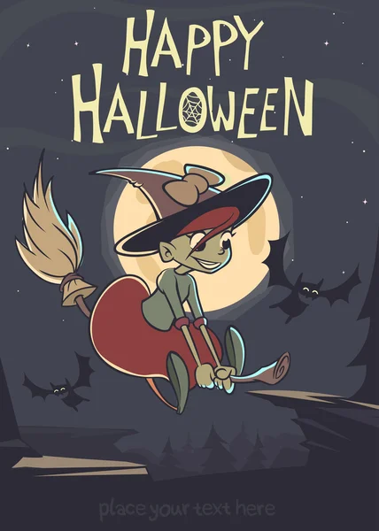 Хэллоуинская милая ведьма летит на метле в ночь полнолуния. Векторная иллюстрация — стоковый вектор