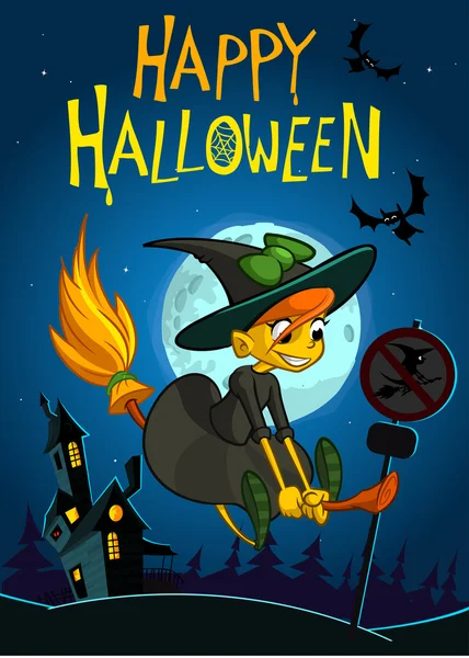Halloween-Hintergrund mit niedlicher Hexe, die in einer Vollmondnacht auf ihrem Besen fliegt. Vektorillustration — Stockvektor