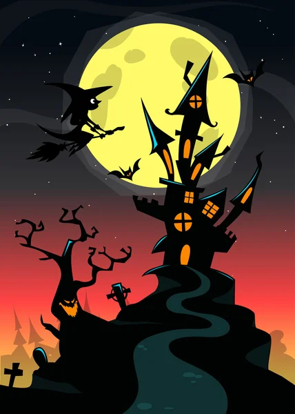 Halloween embrujada casa en el fondo de la noche con una bruja voladora y luna llena detrás. Plantilla de cartel vectorial — Archivo Imágenes Vectoriales