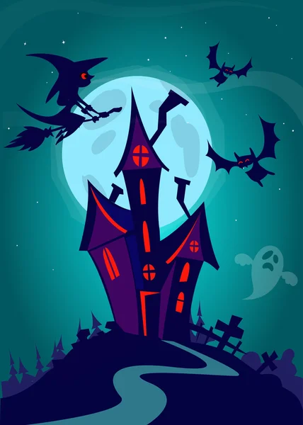 Casa de miedo en el fondo de la noche con una luna llena detrás - Vector fondo de Halloween — Archivo Imágenes Vectoriales