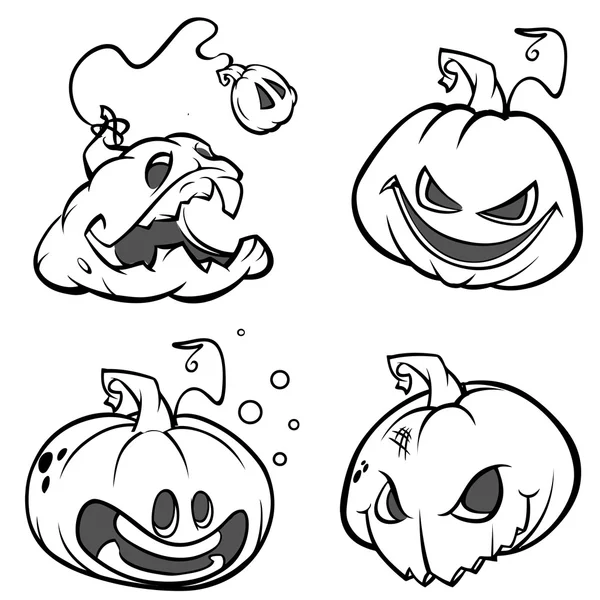 Conjunto vectorial de calabazas de Halloween espantosas de espalda y blanco. Ilustración de dibujos animados aislada — Vector de stock