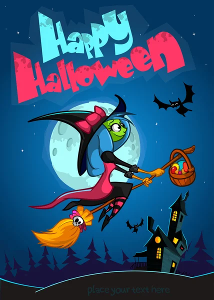 Bruxa gira voando em sua vassoura. Vector Halloween festa convite — Vetor de Stock