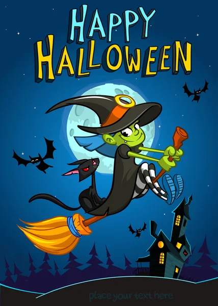 Halloweenská čarodějnice s koštěti, izolovaná na nočním pozadí. Šablona pozvání na večírek-vektor Halloweenské prvky čarodějnice, kočka, netopýr, strašidelný dům, měsíc — Stockový vektor
