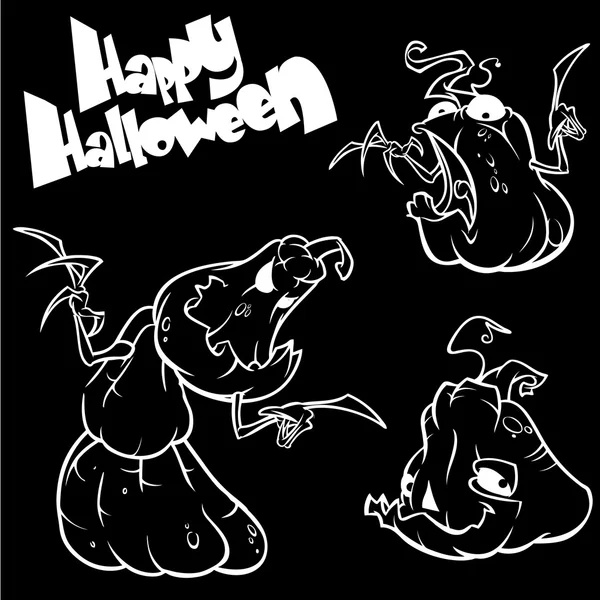 Vector set van grappige Halloween pompoenen hoofd. Witte omtrek op zwarte geïsoleerde achtergrond — Stockvector