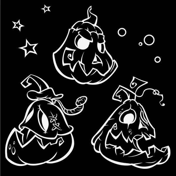 Vector set van enge Halloween pompoenen hoofd met verschillende uitdrukkingen. Zwarte en witte contouren — Stockvector