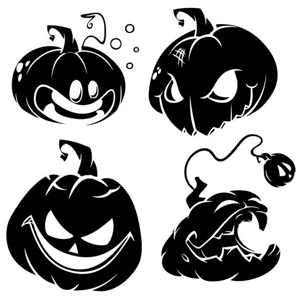 Conjunto vectorial de divertidas calabazas de Halloween cabeza siluetas. Esbozos negros fondo aislado — Vector de stock