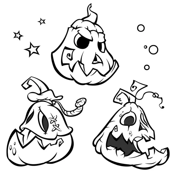 Vector set van 3 grappige Halloween pompoen hoofd contouren — Stockvector